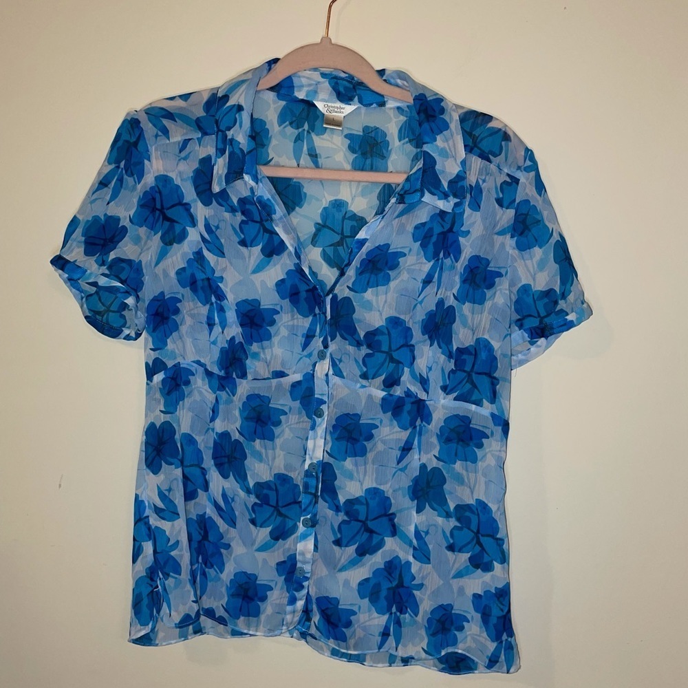 Sheer Blue Floral Button Up Collared Short Sleeved Top